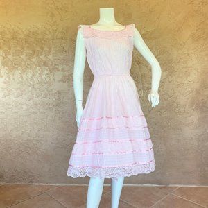 VTG 80s Pink Lace Tiered Pintucked Party Dress S